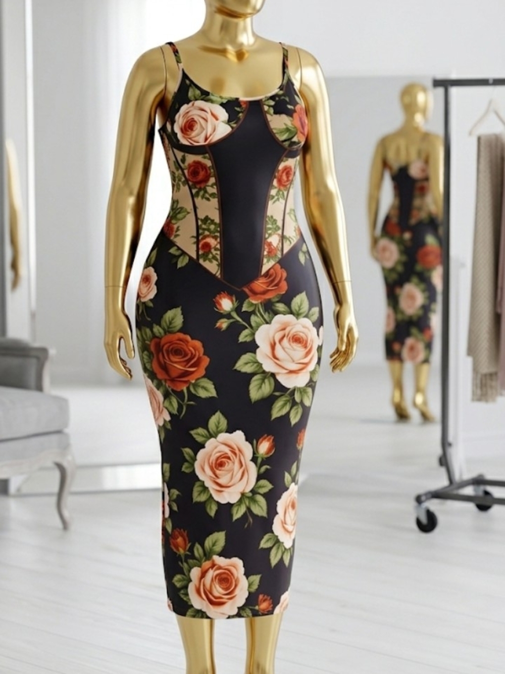 Floral Scoop-Neck Midi Dress in Black with Rose Print 19 inches p2p